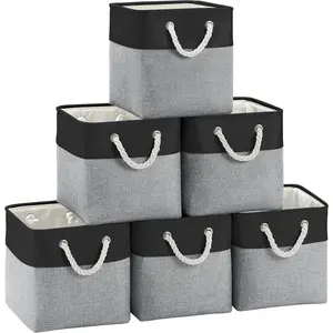 Fabric Cubes Storage Basket, 6 Pack 11x11 in with Handles Cube Storage Bins, for Shelves, , Office Organizers (Black/ Gray)