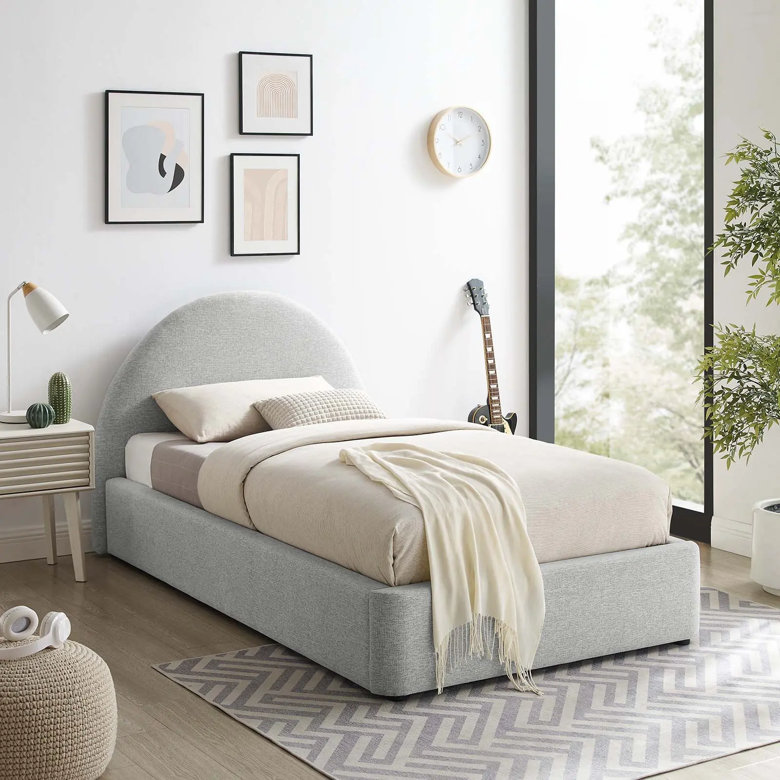 Modway Resort Upholstered Fabric Arched Round Twin Platform Bed in Heathered Weave Light Gray