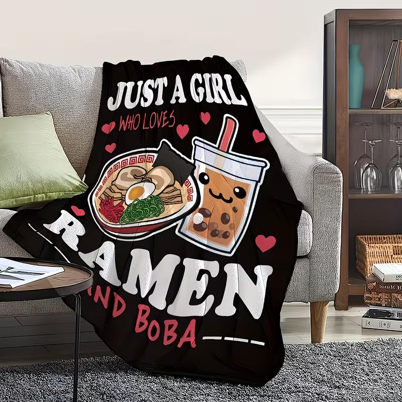 Soft Funny Throw Blanket Preppy Style Cartoon Ramen & Boba Print Flannel Blanket - Super Soft, Tear Resistant, All Seasons Multipurpose Knit Fabric Throw for Noodle and Bubble Tea Enthusiasts