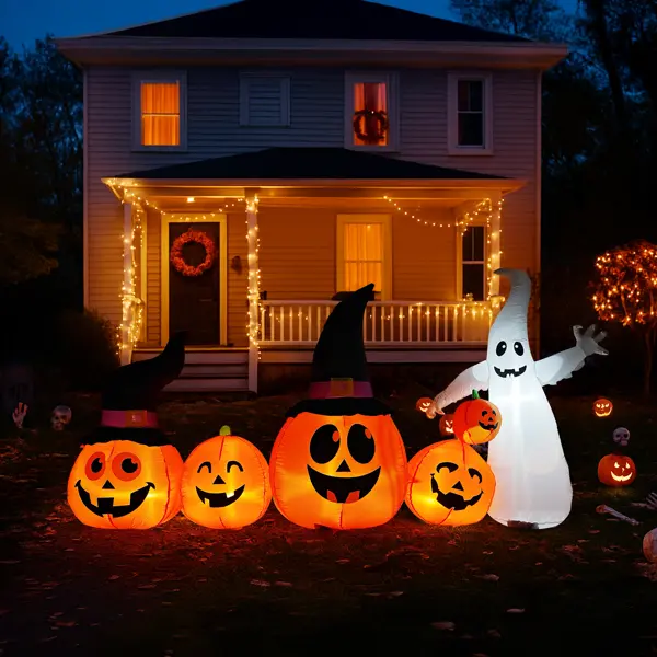8 ft Long Halloween Inflatable Three Characters and Pumpkin Patch Outdoor Decoration, Blow Up Inflatables Witch Ghost Skeleton Yard Decorations with LEDs for Party Yard Lawn Garden Decor