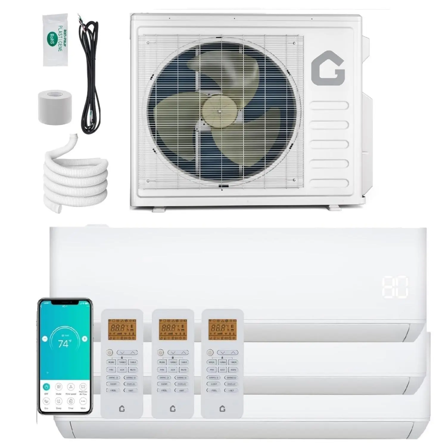 35000 BTU Tri Zone WIFI Mini Split AC/Heating System,19 SEER2 3 Zone 9000+9000+18000 BTU split air conditioner with Remote,Wall Mounted, WiFi Control, Energy Saving, Pre-Charged, 208-230V