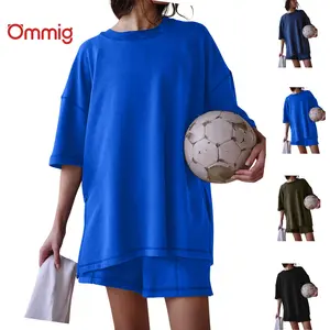 Ommig Women's 2-Piece Minimalist Basic Fit Shortsleeve Loungewear Set - Lightweight, Breathable Relaxed Tunic Top, High Rise Shorts for Springfresh Everyday On-The-Go Use