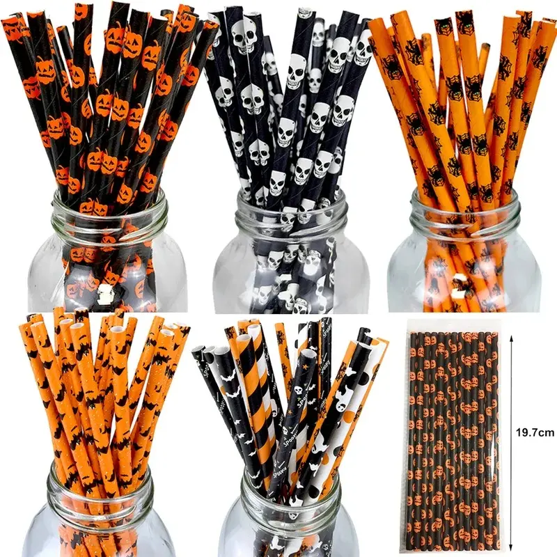 25/50/100 pieces of Halloween-themed disposable paper straws with spider, skull, pumpkin, and bat patterns Halloween party decoration supplies