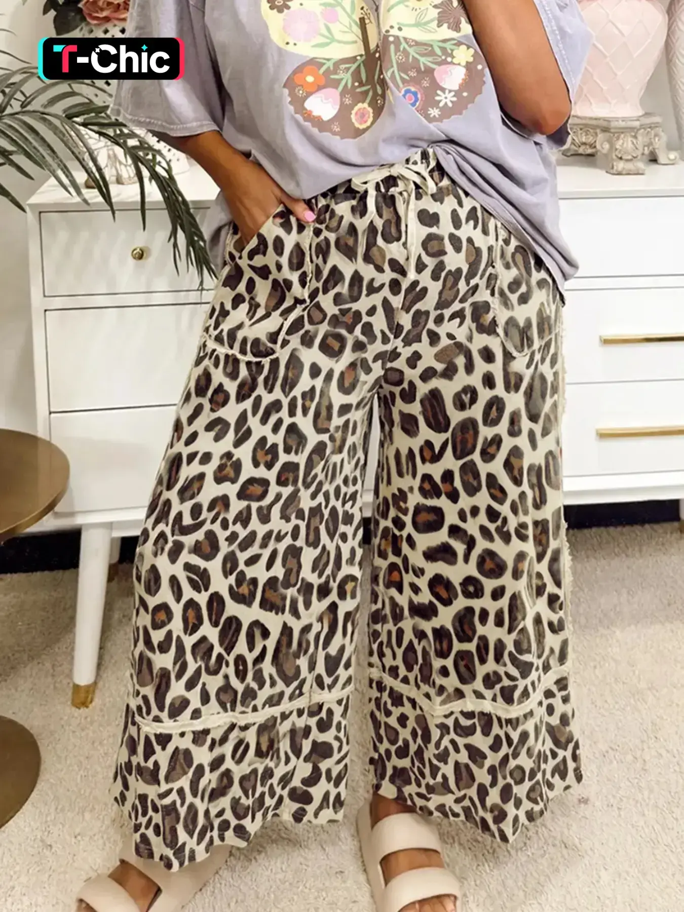 Hotapei Spring Autumn Casual Trendy Versatile Loose Leopard Print Wide Leg Nine-Quarter Pants, Casual Chic Bottoms, Comfortable and Stylish Women's Fashion Trousers, Casual Comfy Trousers, Casual Boho Style Pants