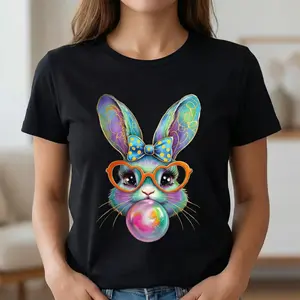 Unisex Happy Easter Bunny Cotton T Shirt Featuring Coquette Bow Brushstroke Design Casual Top with Sweet Bow Accents