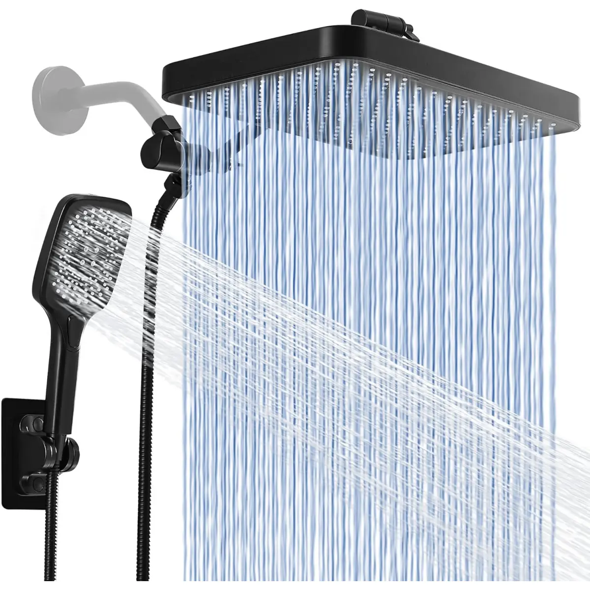 Rain Shower Head with Handheld Spray Combo Set Built-in Power Wash Mode, High Pressure Adjustable 13" Rainfall Dual Shower Head, Double Tandem Shower Head, Waterfall Showerhead Bathroom - Matte Black