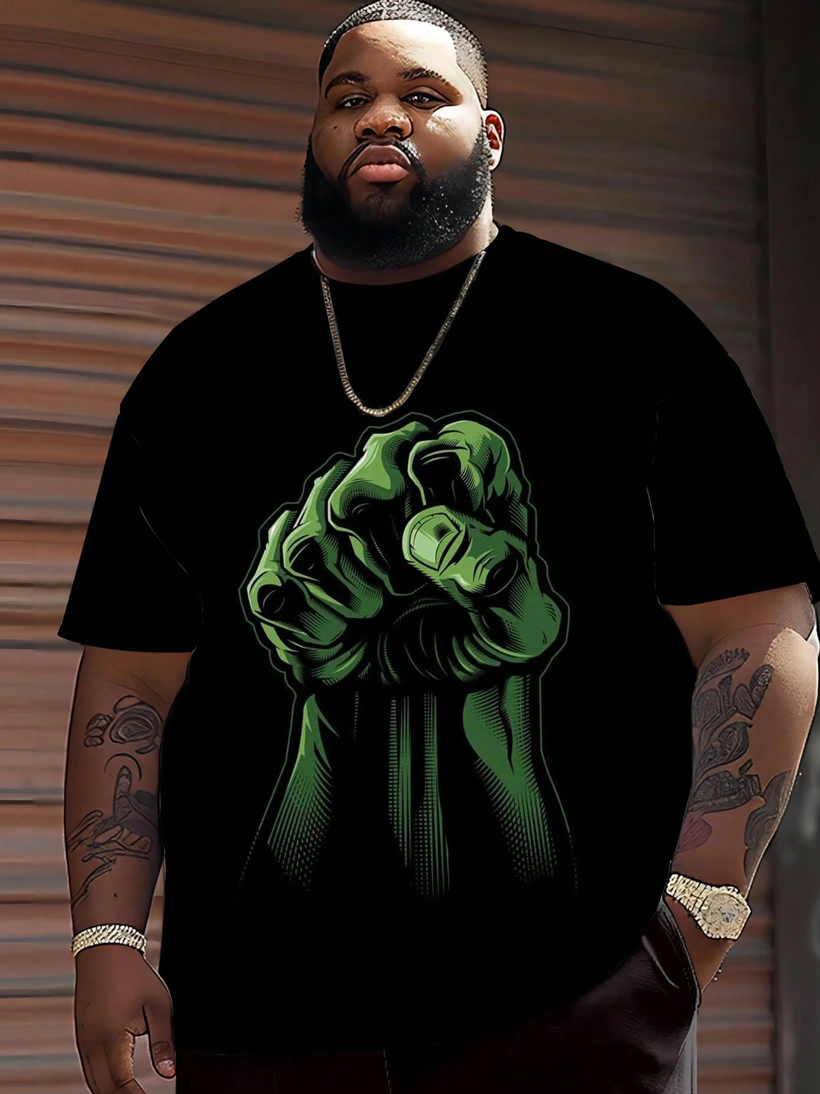 Plus Size Men's  Cotton T-Shirt - Green Giant Fist Graphic Print Retro Streetwear Style, Soft Breathable Fabric, Machine Washable, Big & Tall Regular Fit for Spring Summer Fall Casual & Work Wear, Ideal Gift, Summer Clothing, Street Style Apparel, Com