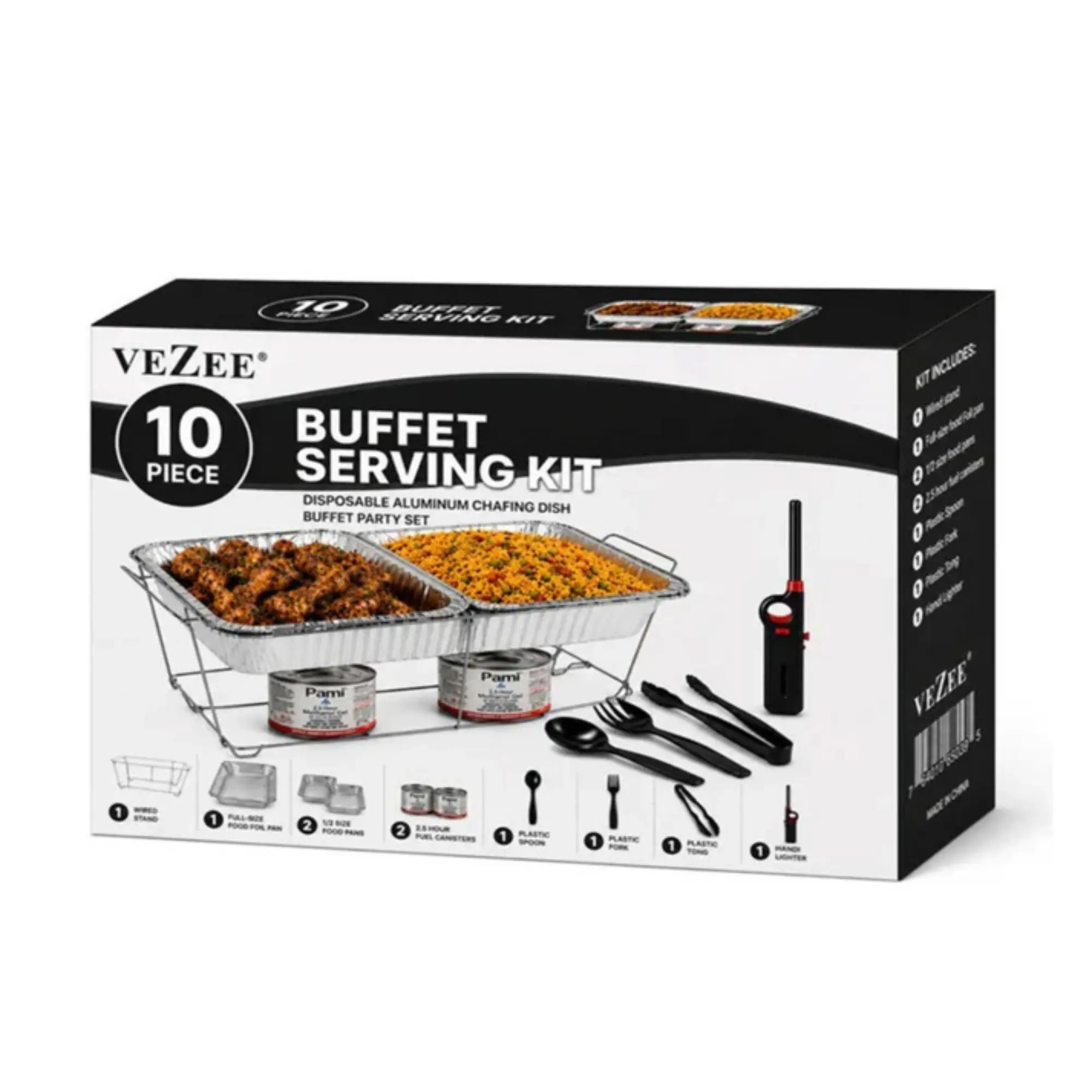 VeZee 10-Piece Buffet Serving Kit Disposable Aluminum Chafing Dish Set with Wire Rack, Foil Water Pan, Food Pan, Fuel Cans, Serving Utensils & Lighter for Catering, Parties & Events