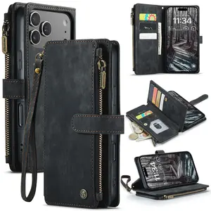 RFID Blocking Wallet Case for iPhone 17/16/15/14/13 Pro Max Plus, PU Leather Protective Cover with Card Slots & Zipper Flap