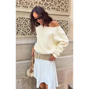 Bambi Cream Asymmetric Neckline Eyelet Sweater