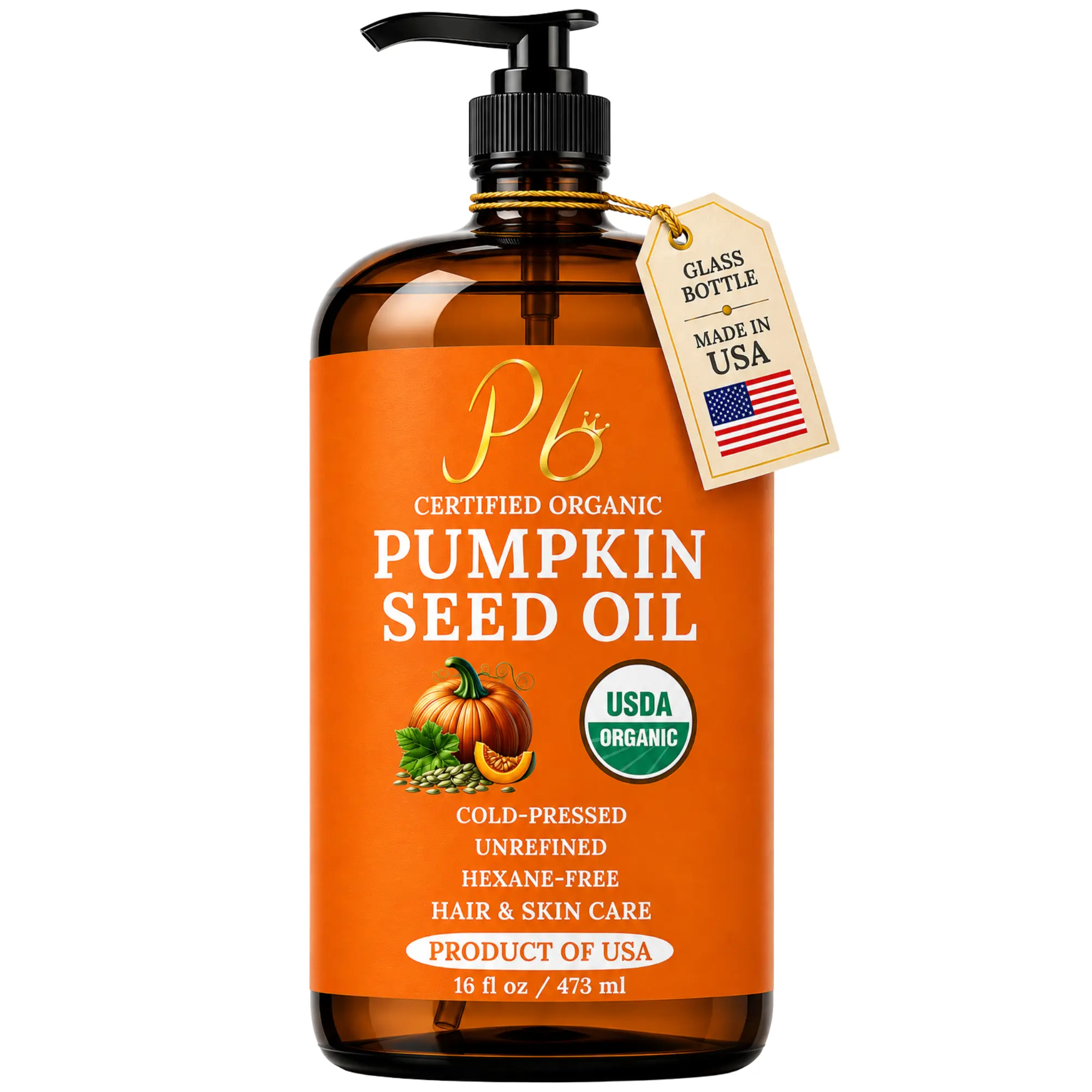 Pomberries Organic Pumpkin Seed Oil 16 fl oz Glass Bottle with Pump | USDA Certified | 100% Pure, Unrefined, Cold Pressed | Grown, Harvested & Bottled in USA | Moisturizer for Hair Growth, Dry Skin & Face