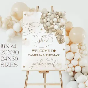 Teddy Bear Gender Reveal Welcome Sign Bear Neutral Hot Air Balloons Gender Reveal Welcome Sign Digital Bear Gold Balloons Gender Reveal