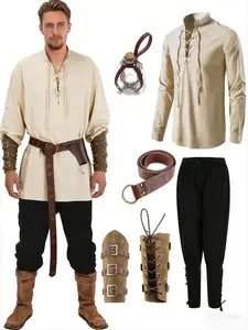 7Pcs Men's Renaissance Pirate Shirt 2-Piece Medieval Cosplay Costume Set Accessories Historical Role Play Outfit
