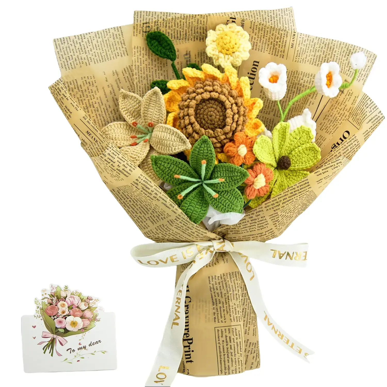 YShomy Handmade Crochet Flowers Bouquet Gift for Girlfriend Birthday Wedding Anniversary Just Because Graduation Gift with Sunflower Lily Daisy Forget Me Not Forever Flowers for Her with Greeting Card US Fast Shipping Thanksgiving Halloween Gift
