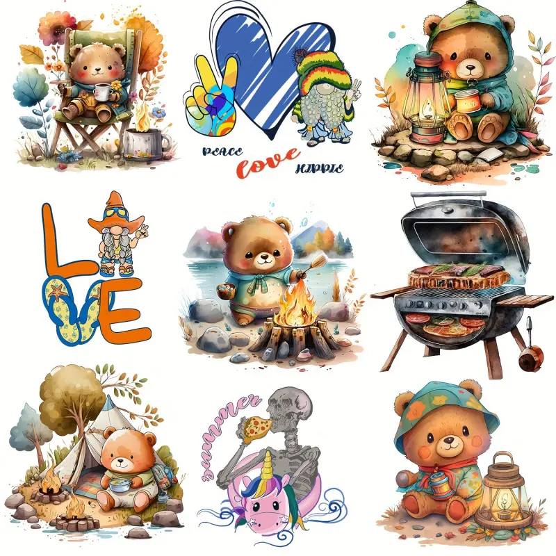 9 Outdoor Festival Themed Iron-On Stickers - Durable Vinyl Heat Transfer Patches for DIY T-Shirts, Denim Jackets, Jeans, Masks, and Backpacks