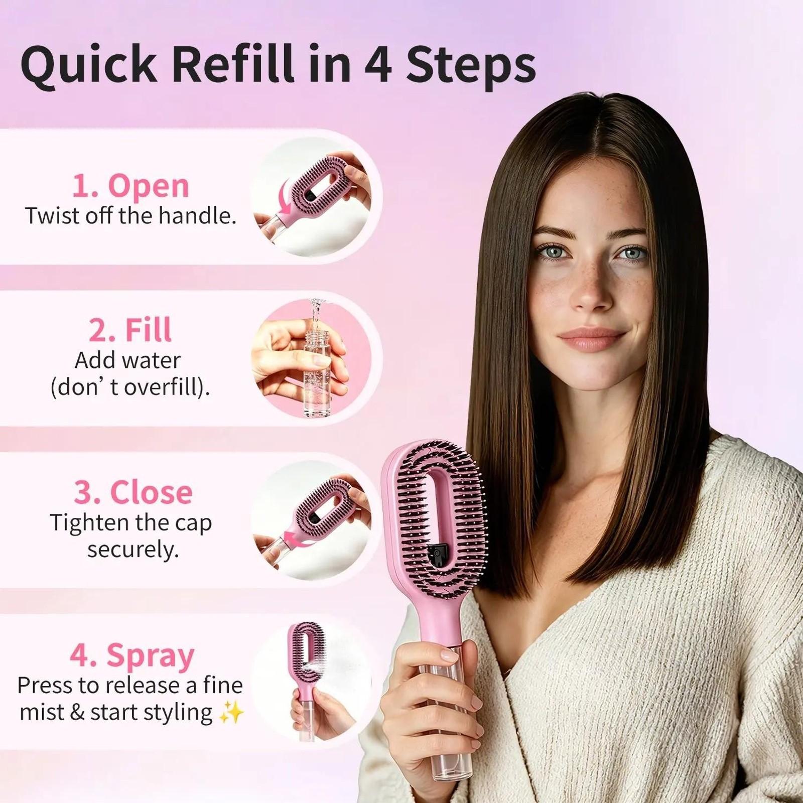 3-in-1 Mist Spray Hair Brush - Anti-Frizz Ionic Detangling Comb with Refillable 55ml Water Tank, Dual Bristle Design with Massage Tips for Dry, Curly & Thick Hair, Effortlessly Untangle Knotted Hair
