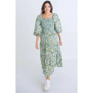 Karlie Floral Poplin Smock Tier Tie Back Maxi Dress *Final Sale*