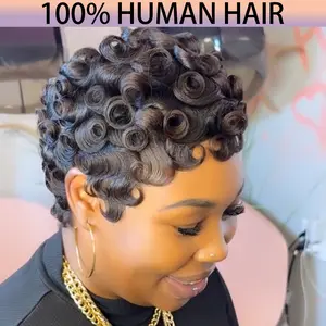Brazilian Remy Woolly Curls Human Hair Wig 180% Density Black Short Bob Pixie Cut with Bangs - Glueless Looking Loose Curly Wavy Hair for Women, Soft Rose Net Cap, Machine-Made Full Wig for Daily Use, Travel & Vacation, Black Color, Human Hair