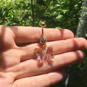 Light Pink Crystal Butterfly Belly Button Ring