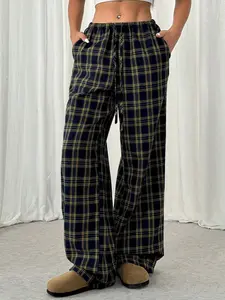 Women's Plaid Print Drawstring Waist Wide Leg Pants, Casual Comfy Pocket Trousers for Daily Wear, Ladies Bottoms for Fall & Winter
