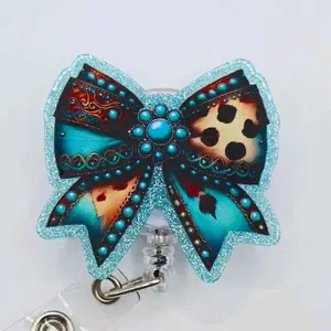 Turquoise Western Coquette Bow Glitter Acrylic Retractable Badge ID Reel Belt or Alligator Clip