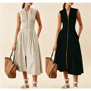 Women’s Summer Smocked Midi Dress-V-neck, sleeveless/cap sleeve, zipper back, high slit, flowy and elegant for parties, birthdays, or minimalist daily looks.Waist-trainer friendly.Stylish beige essential.Womenswear,SummerVibes