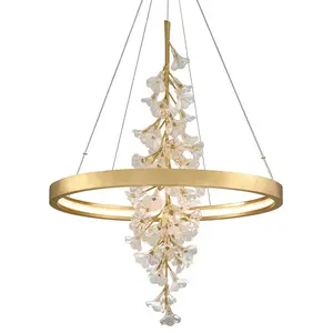 Medium Jasmine Chandelier with Clear and Frosted Glass Flowers in Gold or Silver Leaf Finish