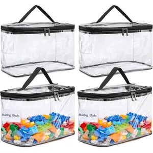 4-Pack Large Clear Storage Bag for Toys with Name Tag, Waterproof PVC Toy Organizer Case for Legos Bricks, Building Blocks, Puzzles, Stationery, Small Item Storage Bins(12.6 * 7.9 * 6.3 in)