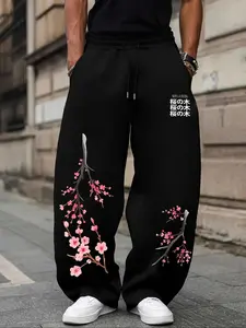 Y2K Japanese Cherry Blossom Print Floral Men's Wide Leg Sweatpants, Loose Comfortable Cotton Blend Drawstring Long Pants, Streetwear Hip Hop Style
