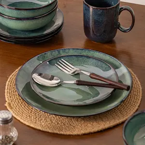 4 pieces of 8/10 inch steak plates, retro green, ceramic tableware, shallow plates, salad plates, easy to clean, suitable for serving roasted chicken, pasta, steak, and various other delicacies, safe for oven and microwave use, dishwasher safe