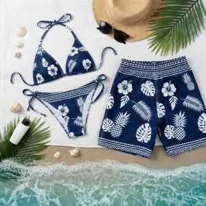 Couples Matching Hawaiian Swimsuit Set Navy Pineapple Hibiscus Monstera Aztec Print Bikini Triangle Halter Top Tie Side Womens Men Board Shorts Beach Vacay