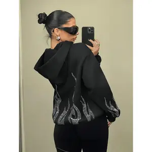 Women's Fire Pattern Zip Up Hoodie, Fashion Casual Long Sleeve Hooded Sweatshirt for Daily Holiday Outdoor Wear, Ladies Clothes for Spring & Fall, Baggy Tops, Casual Cozy Sweatshirt