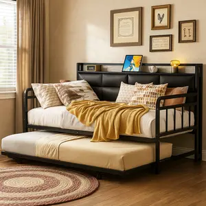 Homieasy Twin Daybed with Pop Up Trundle, Upholstered Headboard & Charging Station, Heavy Duty Metal Frame, Space-Saving Design for Bedroom & Guest Room