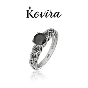 Kovira S925 Sterling Silver Vintage 5A Black Zircon Filigree Ring for Women Everyday Wear Statement Gift