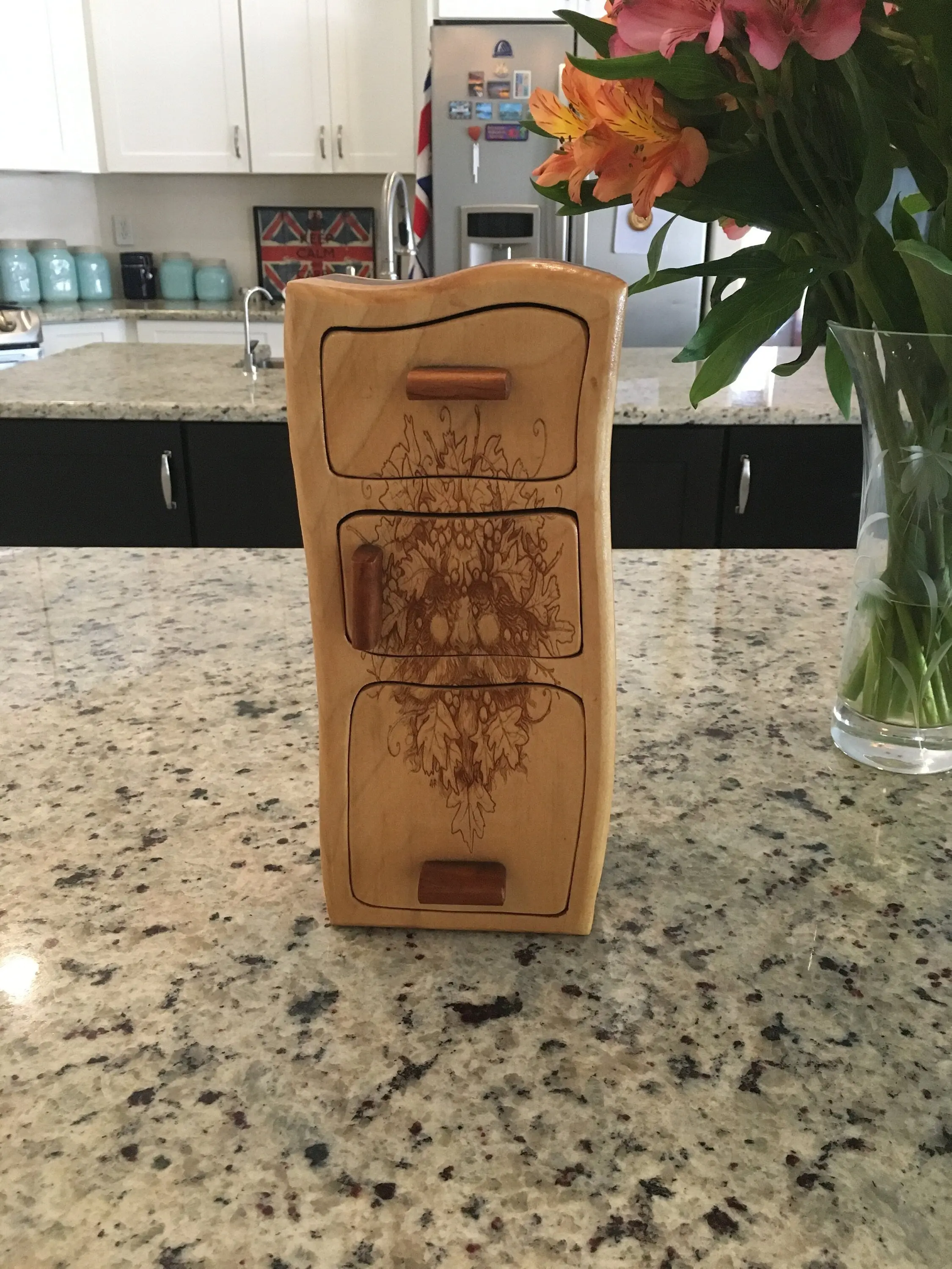 Solid Wood Box W/Drawers - Green Man, Jewelry Box, Handcrafted, Custom Box, Personalized Box, Handmade, Home Decor, Engraved, Stash Box