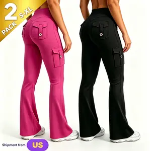 2 Pcs  Women's High Waist Flared Yoga Leggings with Scrunch & Pockets, Seamless Front Cargo Pants for Fitness