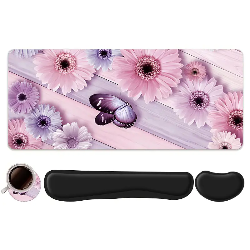4pcs Pink Floral Butterfly Design Mouse Pad, Gaming Mousepad + Keyboard Wrist Rest + Ergonomic Mouse Pad with Wrist Rest + Coaster Set For Desktop Decoration, Office Accessories Set Ergonomic Wrist Support, Coaster Suitable For Home Office Gaming