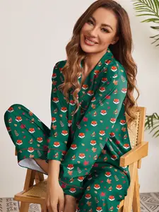 Womens Silk Satin Cute Fox Pajamas Set Button Down 2 Piece Pjs Set Long Sleeve Sleepwear with Pockets