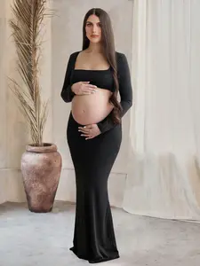 Maternity Solid Cut Out Backless Dress, Long Sleeve Square Neck Maxi Dress for Photoshoot Baby Shower Party, Maternity Clothes, Maternity outfits, Maternity clothing, Pregnant Dresses for Fall, Maternity Dresses