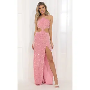 Halter Sequin Maxi Dress in Pink