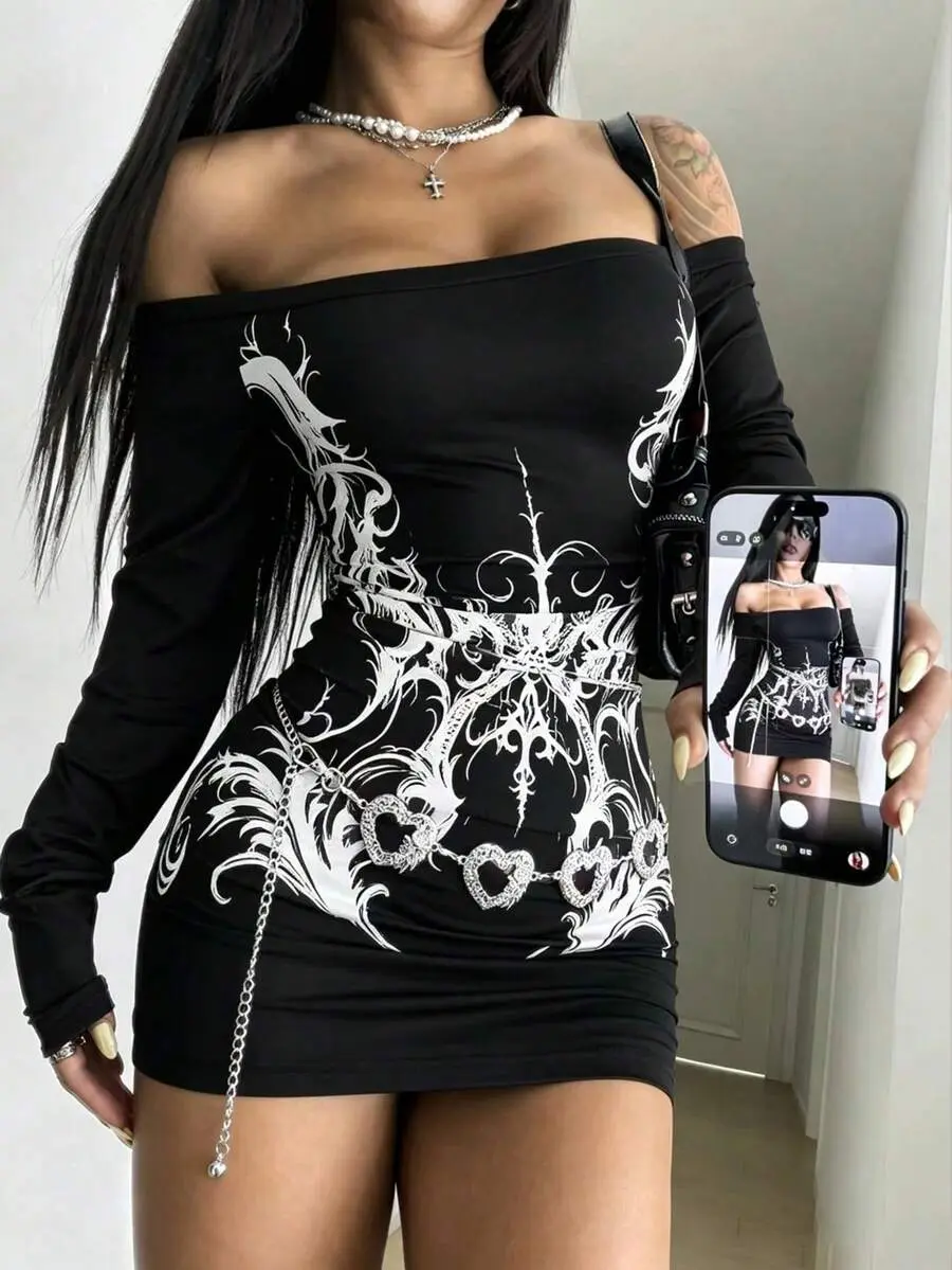 Women's Black Y2K Goth Punk Style Off-Shoulder Vintage Floral Print Fitted Bodycon Dress, Suitable For Spring And Autumn