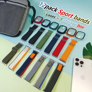12 Pack Nylon Strap with Case for Apple Watch Ultra 49mm 46mm 45mm 44mm Unisex Elastic Breathable Looped Mountain Sports Strap Compatible with iWatch 10 9 8 7 6 5 4 3 2 1 SE