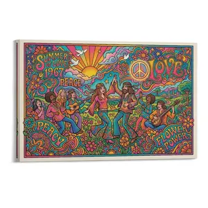 1pc Frameless Printed Canvas Art, Retro Psychedelic 1967 Summer of Love Hippie Peace Flower Design, Colorful Wall Decor for Home Living Room Bedroom Office