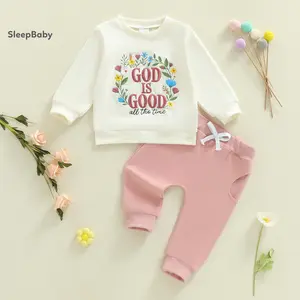 Toddler Girl Spring Cute Outfits Letter Flower Embroidery Long Sleeve Round Neck Pullover + Elastic Waist Solid Pants