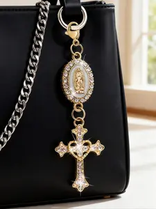 Christian Amulet Keychain with Rhinestone Cross, Virgin Mary Pendant, Pearl & Diamond Accents, Bag Accessory, Cross Keychain, Luggage Charm