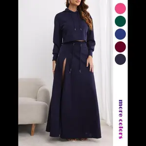 Women's Solid Drawstring Hoodie & Split Thigh Skirt Set, Long Sleeve Top & Pocket Long Skirt, Winter Co-ord, Casual Lounge?Fashion Cozy Co-ord Set, Women Clothes