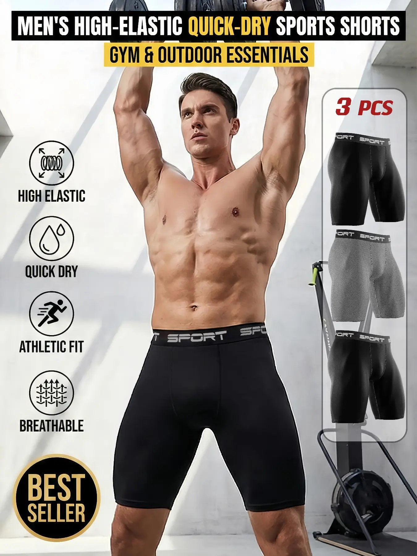 3-Pack Men's Athletic Shorts, Fitness Workout Shorts, Quick Dry Breathable Running Shorts, Polyester Spandex Training Shorts, Solid Colour Shorts for Gym Workouts, Running, Everyday Casual Active Wear, Athleisure Shorts, 2 Black 1 Gray