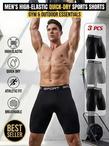 3-Pack Men's Athletic Shorts, Quick Dry Breathable Running Shorts, High Stretch Polyester Spandex Training Shorts, Solid Colour Shorts, Solid Color Sports Shorts for Gym Workouts, Running, Everyday Casual Active Wear, Athleisure Shorts, 2 Black 1 Gray