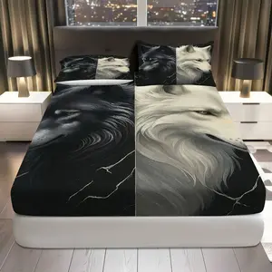 3Pcs Wolf Animal Design Fitted sheet Three Piece Set (1*Fitted Sheet+2*Pillowcases, Coreless), Halloween theme, Luxury Bedding Set, Mattress protector Soft, Breathable