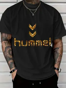 Black T-Shirt with Glittering Gold Hummel Logo for Casual Wear